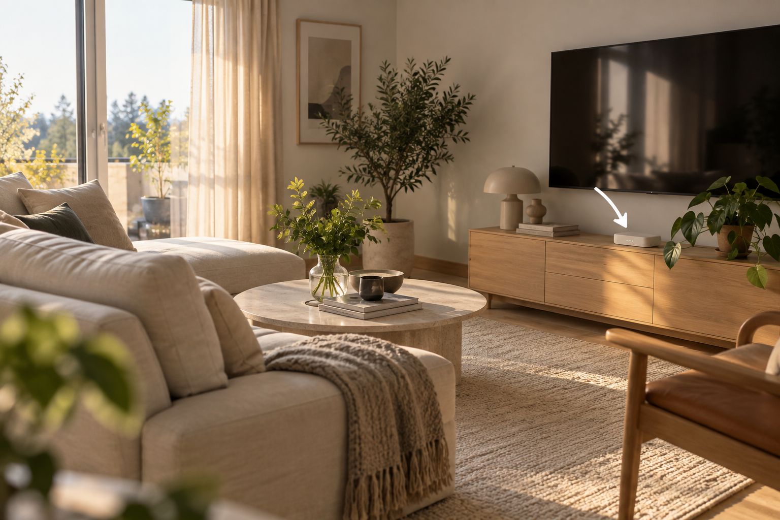 Otso on a sideboard in a bright living room
